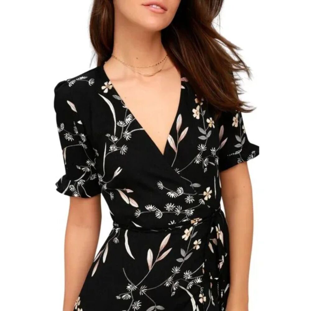 Lulu's Black Floral High-Low Wrap Dress with Ruffle Hem - Picture 2 of 10